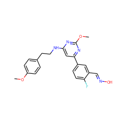 COc1ccc(CCNc2cc(-c3ccc(F)c(/C=N/O)c3)nc(OC)n2)cc1 ZINC000035859880