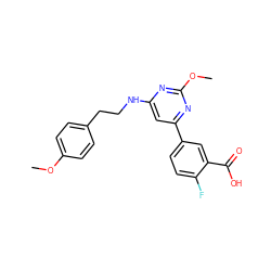 COc1ccc(CCNc2cc(-c3ccc(F)c(C(=O)O)c3)nc(OC)n2)cc1 ZINC000038268163