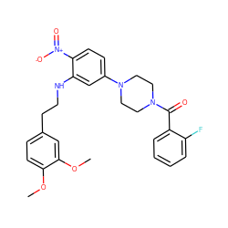COc1ccc(CCNc2cc(N3CCN(C(=O)c4ccccc4F)CC3)ccc2[N+](=O)[O-])cc1OC ZINC000008666957
