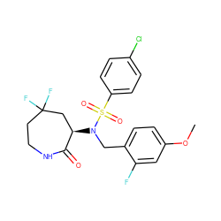 COc1ccc(CN([C@@H]2CC(F)(F)CCNC2=O)S(=O)(=O)c2ccc(Cl)cc2)c(F)c1 ZINC000029130029