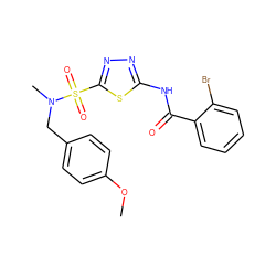 COc1ccc(CN(C)S(=O)(=O)c2nnc(NC(=O)c3ccccc3Br)s2)cc1 ZINC000009224672