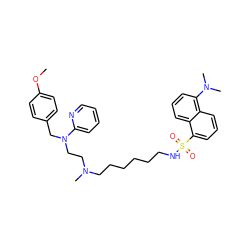 COc1ccc(CN(CCN(C)CCCCCCNS(=O)(=O)c2cccc3c(N(C)C)cccc23)c2ccccn2)cc1 ZINC000028250258