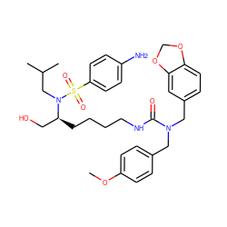 COc1ccc(CN(Cc2ccc3c(c2)OCO3)C(=O)NCCCC[C@@H](CO)N(CC(C)C)S(=O)(=O)c2ccc(N)cc2)cc1 ZINC000014946754