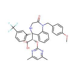 COc1ccc(CN2C(=O)CN[C@](c3cccc(C(F)(F)F)c3)([C@H](Oc3nc(C)cc(C)n3)C(=O)O)c3ccccc32)cc1 ZINC000026672964