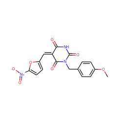 COc1ccc(CN2C(=O)NC(=O)/C(=C/c3ccc([N+](=O)[O-])o3)C2=O)cc1 ZINC000009359038