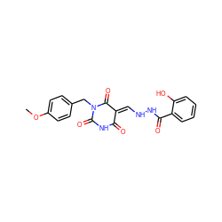 COc1ccc(CN2C(=O)NC(=O)/C(=C\NNC(=O)c3ccccc3O)C2=O)cc1 ZINC000009331064