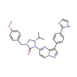 COc1ccc(CN2C[C@H](C(C)C)N(c3ccn4ncc(-c5ccc(-c6ncc[nH]6)cc5)c4n3)C2=O)cc1 ZINC000116187490