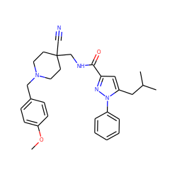 COc1ccc(CN2CCC(C#N)(CNC(=O)c3cc(CC(C)C)n(-c4ccccc4)n3)CC2)cc1 ZINC000072123420