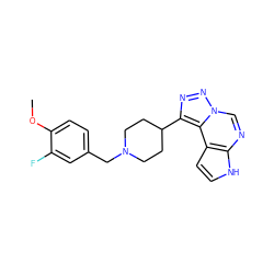 COc1ccc(CN2CCC(c3nnn4cnc5[nH]ccc5c34)CC2)cc1F ZINC001772636676
