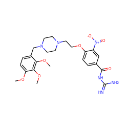 COc1ccc(CN2CCN(CCOc3ccc(C(=O)NC(=N)N)cc3[N+](=O)[O-])CC2)c(OC)c1OC ZINC000072118638