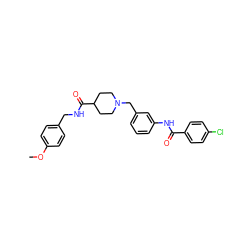 COc1ccc(CNC(=O)C2CCN(Cc3cccc(NC(=O)c4ccc(Cl)cc4)c3)CC2)cc1 ZINC001772657405