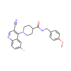 COc1ccc(CNC(=O)C2CCN(c3c(C#N)cnc4ccc(F)cc34)CC2)cc1 ZINC000038653601