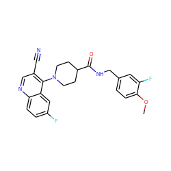 COc1ccc(CNC(=O)C2CCN(c3c(C#N)cnc4ccc(F)cc34)CC2)cc1F ZINC001772620257