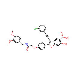 COc1ccc(CNC(=O)COc2ccc(-c3oc4cc(O)c(C(=O)O)cc4c3C#Cc3cccc(Cl)c3)cc2)cc1OC ZINC000096272270