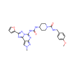 COc1ccc(CNC(=O)N2CCC(NC(=O)Nc3nc4nn(C)cc4c4nc(-c5ccco5)nn34)CC2)cc1 ZINC000084689878