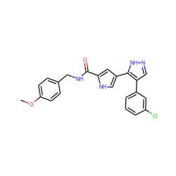 COc1ccc(CNC(=O)c2cc(-c3[nH]ncc3-c3cccc(Cl)c3)c[nH]2)cc1 ZINC000014959165