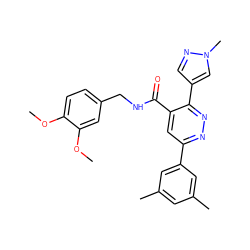 COc1ccc(CNC(=O)c2cc(-c3cc(C)cc(C)c3)nnc2-c2cnn(C)c2)cc1OC ZINC000068207129