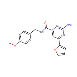 COc1ccc(CNC(=O)c2cc(-c3ccco3)nc(N)n2)cc1 ZINC000043069289