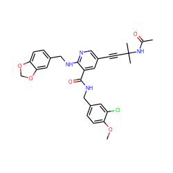 COc1ccc(CNC(=O)c2cc(C#CC(C)(C)NC(C)=O)cnc2NCc2ccc3c(c2)OCO3)cc1Cl ZINC000474602399