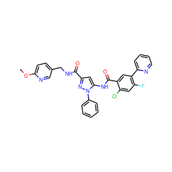 COc1ccc(CNC(=O)c2cc(NC(=O)c3cc(-c4ccccn4)c(F)cc3Cl)n(-c3ccccc3)n2)cn1 ZINC001772629690