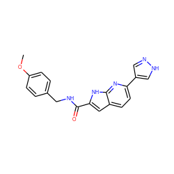 COc1ccc(CNC(=O)c2cc3ccc(-c4cn[nH]c4)nc3[nH]2)cc1 ZINC000073195590