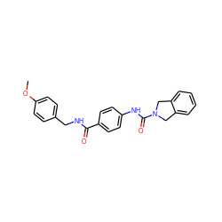 COc1ccc(CNC(=O)c2ccc(NC(=O)N3Cc4ccccc4C3)cc2)cc1 ZINC000167187389