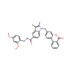 COc1ccc(CNC(=O)c2ccc3c(c2)c(C)c(C)n3Cc2ccc(-c3ccccc3C(=O)O)cc2)c(OC)c1 ZINC000205971977