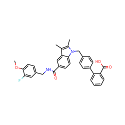 COc1ccc(CNC(=O)c2ccc3c(c2)c(C)c(C)n3Cc2ccc(-c3ccccc3C(=O)O)cc2)cc1F ZINC000205982750