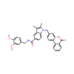 COc1ccc(CNC(=O)c2ccc3c(c2)c(C)c(C)n3Cc2ccc(-c3ccccc3C(=O)O)cc2)cc1OC ZINC000205976423