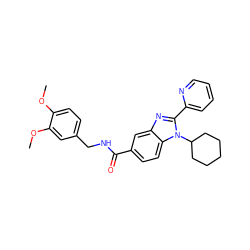 COc1ccc(CNC(=O)c2ccc3c(c2)nc(-c2ccccn2)n3C2CCCCC2)cc1OC ZINC000013588404