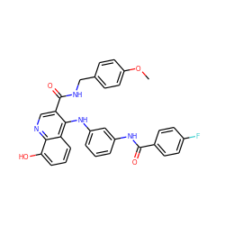 COc1ccc(CNC(=O)c2cnc3c(O)cccc3c2Nc2cccc(NC(=O)c3ccc(F)cc3)c2)cc1 ZINC000048307289