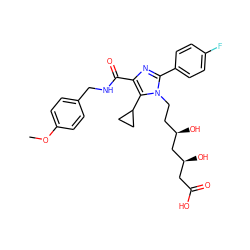 COc1ccc(CNC(=O)c2nc(-c3ccc(F)cc3)n(CC[C@@H](O)C[C@@H](O)CC(=O)O)c2C2CC2)cc1 ZINC000011687602