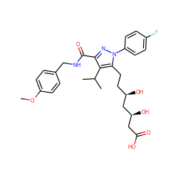 COc1ccc(CNC(=O)c2nn(-c3ccc(F)cc3)c(CC[C@@H](O)C[C@@H](O)CC(=O)O)c2C(C)C)cc1 ZINC000014974329
