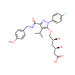 COc1ccc(CNC(=O)c2nn(-c3ccc(F)cc3)c(OC[C@@H](O)C[C@@H](O)CC(=O)O)c2C(C)C)cc1 ZINC000014967882