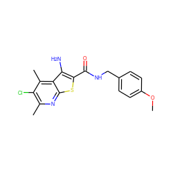 COc1ccc(CNC(=O)c2sc3nc(C)c(Cl)c(C)c3c2N)cc1 ZINC000095596655