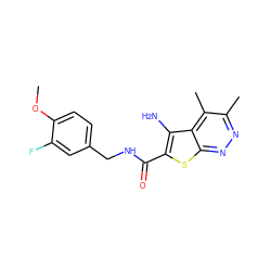 COc1ccc(CNC(=O)c2sc3nnc(C)c(C)c3c2N)cc1F ZINC000221820524