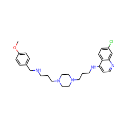 COc1ccc(CNCCCN2CCN(CCCNc3ccnc4cc(Cl)ccc34)CC2)cc1 ZINC000027645516