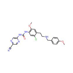 COc1ccc(CNCCc2cc(OC)c(NC(=O)Nc3cnc(C#N)cn3)cc2Cl)cc1 ZINC000072318128