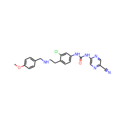 COc1ccc(CNCCc2ccc(NC(=O)Nc3cnc(C#N)cn3)cc2Cl)cc1 ZINC000139745475