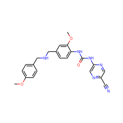 COc1ccc(CNCc2ccc(NC(=O)Nc3cnc(C#N)cn3)c(OC)c2)cc1 ZINC000169131510