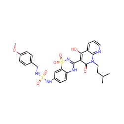 COc1ccc(CNS(=O)(=O)Nc2ccc3c(c2)S(=O)(=O)N=C(c2c(O)c4cccnc4n(CCC(C)C)c2=O)N3)cc1 ZINC000101149951