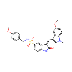 COc1ccc(CNS(=O)(=O)c2ccc3c(c2)/C(=C/c2cn(C)c4ccc(OC)cc24)C(=O)N3)cc1 ZINC000013538944