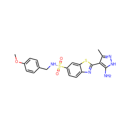 COc1ccc(CNS(=O)(=O)c2ccc3nc(-c4c(C)n[nH]c4N)sc3c2)cc1 ZINC000114398995