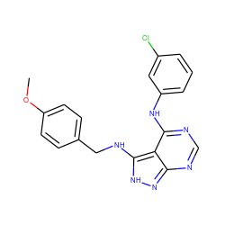 COc1ccc(CNc2[nH]nc3ncnc(Nc4cccc(Cl)c4)c23)cc1 ZINC000003815161