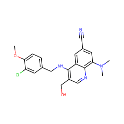 COc1ccc(CNc2c(CO)cnc3c(N(C)C)cc(C#N)cc23)cc1Cl ZINC000095592790