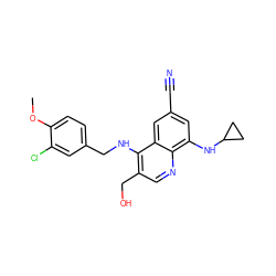 COc1ccc(CNc2c(CO)cnc3c(NC4CC4)cc(C#N)cc23)cc1Cl ZINC000095591050