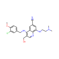 COc1ccc(CNc2c(CO)cnc3c(NCCN(C)C)cc(C#N)cc23)cc1Cl ZINC000095585999