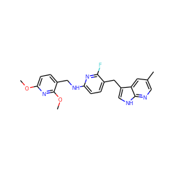 COc1ccc(CNc2ccc(Cc3c[nH]c4ncc(C)cc34)c(F)n2)c(OC)n1 ZINC000117436803