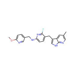 COc1ccc(CNc2ccc(Cc3c[nH]c4ncc(C)cc34)c(F)n2)cn1 ZINC000117420592