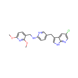 COc1ccc(CNc2ccc(Cc3c[nH]c4ncc(Cl)cc34)cn2)c(OC)n1 ZINC000117421820